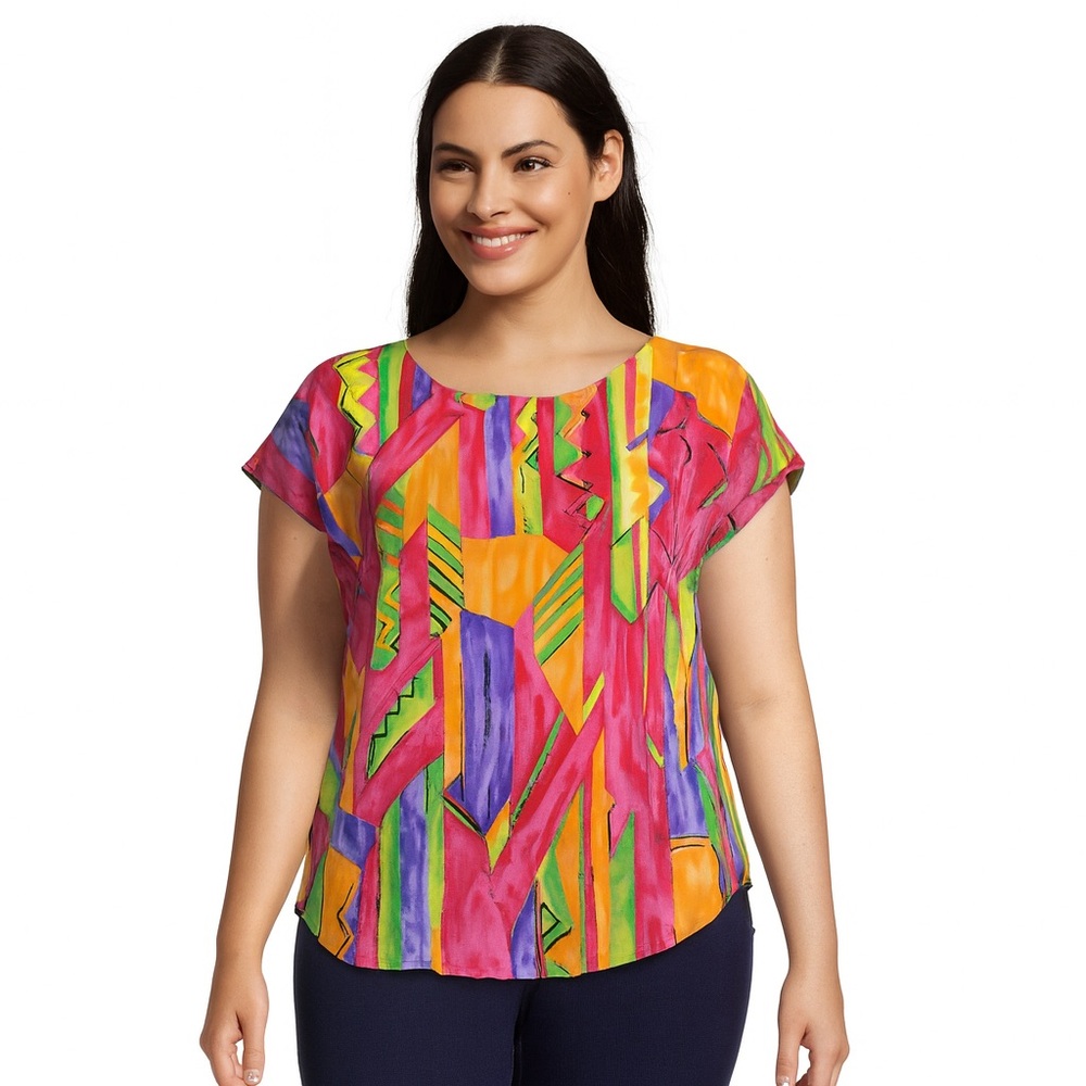 Vintage Jordana Abstract Geometric Blouse Short Sleeve Top Size L Colorful